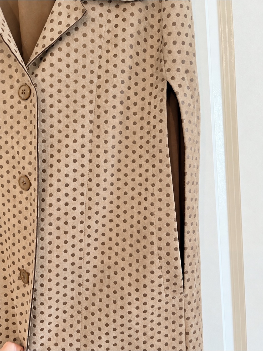 Anthropologie Monarc Gina Sueded Longline Jacket Brown Polka Dot Mod Coat L - Picture 3 of 6